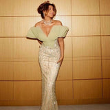 Xijun Luxury Crystal Beadings Sequined Mermaid Evening Dresses V-Neck Saudi Arabic Prom Dress Wedding Party Gown 2023