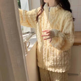 Jacquard Flannel Pajamas Set Sleepwear Autumn Winter Coral Fleece Loungewear Trouser Suits Loose Women Home Clothes