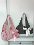 Harajuku Large Capacity Tote Bag Women Fairycore Aesthetic Bow Chic Grey Handbag Female Vintage Cute Shoulder Bags New