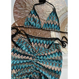 DERMEARNE Knitbikini Set Of Three Sexy Striped Swimwear Middle Age Polyester Fiber Beach Style Printed Knitted Bikini