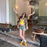 DERMEARNE Long Sleeve Plaid Shirt Women's Spring Autumn New Hong Kong Style Small Size Loose Outerwear Open Cardigan Long Shirt