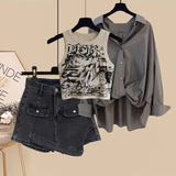 DERMEARNE Plus Size Spring Salted Lightweight Fashion Women's 2025 New Shirt Printing Vest Shorts Three-piece Suit Large Size Set Chine...