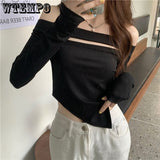 WTEMPO Sexy Off Shoulder Slim Fit T-shirt Women Solid Color Slim Fit Irregular Bottom Shirt Fashion Female Shirt Drop Shipping