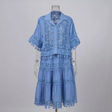 DERMEARNE Luxury Hollow Out Dress Two Piece Set Women's 2025 Summer Holiday Embroidered Lace Jackets White Tops Pleated Short Skirts Suits