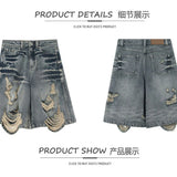 Retro High Street Y2k Girls Denim Shorts Summer Streetwear Holes Wide Leg Baggy Boyfriend Jeans for Women Loose Five Point Pants
