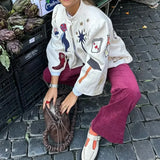 2024 Spring Vintage Printed Coat For Women Casual Stand Collar Single Breasted Long Sleeve Jacket Female Fashion Overcoat