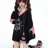 Y2k Gothic Women Sweater Harajuku Japanese Fashion V Neck Knit Pullovers Hole Oversized Contrast Color Grunge Autumn