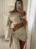 Fashion Solid Women Sexy Diagonal Neck Long Sleeved Short 2 Piece Set Top Lace Up Short Skirt Beach 2024 New Spring Summer Sets