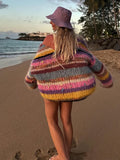 Fashion Striped Knitted Cardigan Women Elegant Long Sleeve Rainbow Color Loose Sweater 2024 New Autumn Female High Streetwear