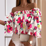 DERMEARNE Off Shoulder Summer Ladies Multi-layer Top Colorful Pleated Autumn Blouse Fashion Women Ruffles Long Sleeve Shirt for Beach