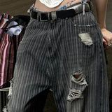 Y2K Vintage Striped Women Jeans Hole Oversize Wash Wide Leg American Retro Denim Pants Baggy Streetwear Trousers Autumn