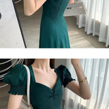 DERMEARNE Solid Puff Short-Sleeved Elegant Slit Dress New Fashion Women V-neck Full Dresses Ladies High Waist Slim Evening Party Vestidos