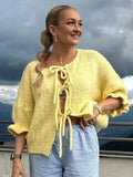 Women Fashion Yellow Lace-up Knit Cardigan Elegant Round Neck Pleated Cuff Sleeves Short Sweaters Autumn Lady High Streetwear