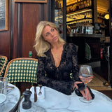 DERMEARNE Women Lace Flare Bell Sleeve T Shirt Female Black See Through Lace Up Floral V Neck Tees Top Sexy Wear Spring Summer Yuqung