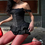 Vintage Dark Fairy Grunge Striped Ruffles Hem Black Rompers Sexy Lace Straps Y2K Playsuits Gothic Trim Zip One-piece Streetwear