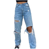 New Baggy Jeans Women Ripped Hole Denim Pants Streetwear High Waist Pocket Straight Trousers Loose Jeans джинсы женский
