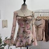 DERMEARNE Women's Retro Chic French Square Neck Lace-Up Bell Sleeve Long Sleeve Top Personalized Smudged Print Irregular Hem Sweety Shirt