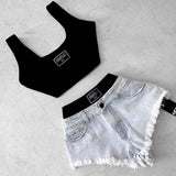 DERMEARNE Summer letter contrast casual fashion camisole slim hot girl top high waist denim shorts retro temperament niche design suit
