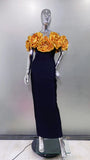 DERMEARNE Stereoscopic Gloden Flowers Sexy Off The Shoulder Ankle Lenght Bandage Dress Woman Birthday Party Vestido Wedding Party Outfit