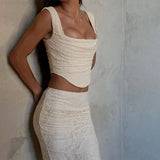 Elegant Lace Two Piece Set Women Irregular Long Skirt And Corset Top French Style Bodycon Dress Matching Sets