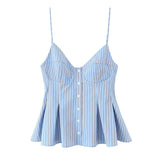 DERMEARNE ZBZA Woman's Pleated Poplin Slim Strappy Top V-neck Suspenders Single Breasted Satin Crop Top Spring Summer Female Chic Tank Top