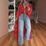 DERMEARNE 2025 Women's New Fashion Lace Floral Shirt Top With High Neck Puff Sleeve Through Hollow-Out Front Short After Long Top Blouse