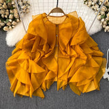 DERMEARNE French Style Loose-Fit Women's Blouse With Button Casual Long Sleeve Top For Spring And Autumn Round Neck Irregular Leaf Pattern