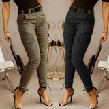 DERMEARNE 2025 New Fashion Cotton Solid Pants Women Sexy Women Pants Casual Green Pocket Belt Trousers Women Blusas