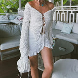 DERMEARNE Tuularose White V Neck Lace Up Top Women's Sexy Hollow Solid Cardigan Casual Gathered Long Sleeve Top Female Shirt Party Outfits