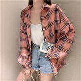 DERMEARNE Plaid Shirt Women Autumn Long Sleeve Top Female Vintage Fashion Single Breasted Blouse Ladies Preppy Style Loose Check Shirts