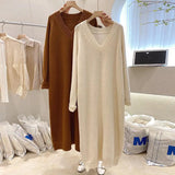 Size  High Quality Sweater Dress for Women Solid Color V Neck Pullover Thick Autumn and Winter Long Dress