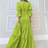 DERMEARNE Elegant Ruffle Splicing High Waist And Large Swing Dress For Spring 2025 New Women's Fashion V-neck Long Sleeved Maxi Dress