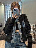 Vintage Denim Patchwork Loose Fashion Crop Knitted Cardigan Top For Women's Autumn New Vintage Denim Stitching Sweater