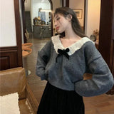 Korean Style Sweaters Women Kawaii Sweet Elegant Knited Pullovers Grey Bow Vintage Patchwork Autumn Winter Sweaters