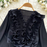 DERMEARNE 2025 New Vintage Shirts Women American Fashion Tops Casual Loose Solid V-neck Blouse Chic Lantern Long Sleeve Ruffles Tunic