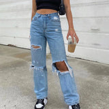New Baggy Jeans Women Ripped Hole Denim Pants Streetwear High Waist Pocket Straight Trousers Loose Jeans джинсы женский