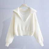 Retro Fashion Sweater Set for Women's Autumn/Winter New Deep V Flip Collar Pullover Sweater with Tank Top Two Piece Set
