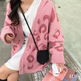 Pink V-neck Leopard Print Sweater Women's Autumn Korean Version Loose Fit Slimming Sweater Knitted Cardigan Jacket