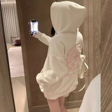 DERMEARNE Retro American Embroidered Hoodie Women Loose Autumn Winter Thickened Design Oversize Jacket Trendy Outerwear Coat