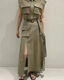 Women Suits Zipper Sleeveless Jacket Vest +High Waist Lace-up Split Pocket Mid-calf Skirt Summer New Tide Streetwear