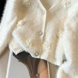 Pink Flower Cardigan Women Clothing Knitting Sweater V-neck Long Sleeves Vintage Korean Fashion White Baggy Female Tops