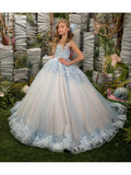 DERMEARNE Custom Made Flower Girl Dresses for Wedding Applique Tulle Sleeveless Kids Birthday Party Sheer Neck First Communion Gowns
