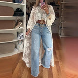 DERMEARNE 2025 Women's New Fashion Lace Floral Shirt Top With High Neck Puff Sleeve Through Hollow-Out Front Short After Long Top Blouse