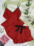 Solid Satin Sleepwear  V Neck Cami Top  Bow Ruffle Shorts Women Simple Breathable Pajamas Sets