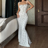 DERMEARNE Summer Long Dress For Women 2025 Spaghetti Strap Floral Print Slim Bodycon Beach Vestidos