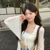 DERMEARNE 2025 Summer New Lace Oversized Cardigan Y2k E-Girl V-neck  Up All-match Shirts Mujer Mid-length Long Sleeve Tops Women