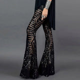 DERMEARNE Sequin High Waist Skinny Flare Pants Streetwear Wild Basic Slim 2025 Trend Patchwork Casual Summer New Women's Pants