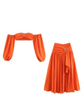 DERMEARNE Sexy Bikini Top Skirt Set Women Long Lantern Sleeve Off Shoulder Cropped Tops Pleated Split Skirts 2025 Summer Lady Beach Outfit