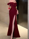 DERMEARNE Sexy Bodycon Long Dresses for Women Wedding Evening Party Prom Robe Ruffles Slash Neck High Split Hollow Out Summer New Vestido