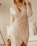 DERMEARNE Sexy Elegant Dresses for Women Long Sleeve Wrap Sequin Party Dress 2025 Autumn Winter Spring New Fashion Female Clothing